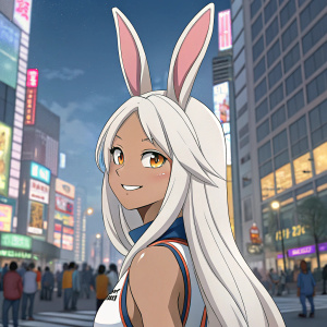 Digital artwork of Miruko, a sporty anime girl with long white hair and pink rabbit ears. Friendly demeanor. Set against a bright cityscape background.