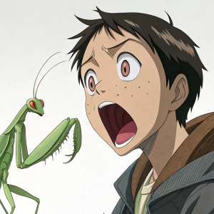 Anime character, green praying mantis, looks shocked, exaggerated pose, plain background