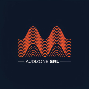 Abstract logo design with bold, wavy lines in vibrant orange hues. Below, 'AUDIZONE SRL' in sleek, modern font.