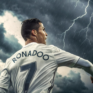 Cristiano Ronaldo in action, wearing his signature jersey with the iconic 'Ronaldo' name and number, amidst a dramatic stormy sky backdrop, poster
