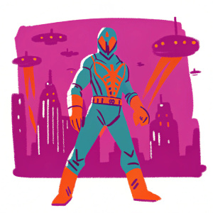 Sketch of Spider-Man 2099, standing in combat pose. Futuristic cityscape in background.
