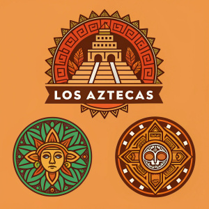 Los Aztecas logo designs. Vibrant color scheme, featuring orange, brown, and green hues. Incorporates elements of Aztec art and bold typography.
