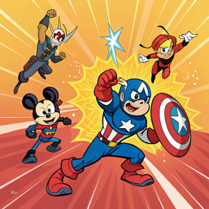 Illustration for Disney's Hero Squad: Ultraheroes Vol 3: The Ultimate Threat. Array of characters in action-packed poses. Bright, bold colors blend in a dynamic comic-style art.