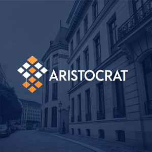Modern logo design for Aristocrat. Geometric shapes in white and orange against dark navy background. Brand name 'Aristocrat' in sleek font style. Various sizes and color variations including pastel backgrounds.