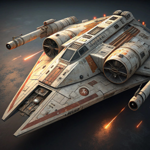 High-definition digital artwork of the Star Wars spaceship CR-110 Tantara. Predominantly white with rust-like stains and intricate mechanical components. Angled view showcasing the underside of the ship with detailed textures and lighting effects.