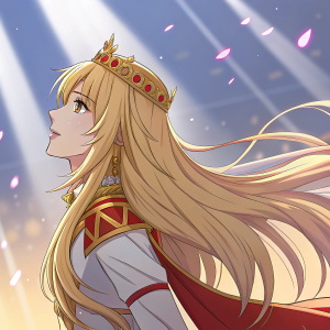 Digital art of Yan Cheng Tang from Fate/Grand Order. Regal character with long light blonde hair. Brightly lit background with vibrant colors.