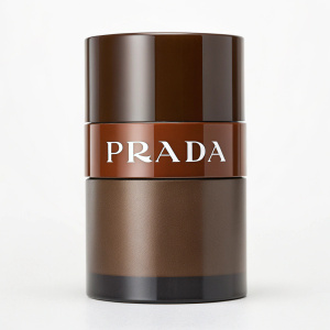 Close-up of a Prada men's deodorant stick. Brown sleek packaging. High-quality, modern design. Rectangular box with brand name.