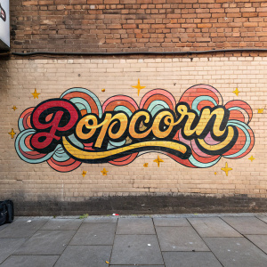 Artistic graffiti-style 'popcorn' logo on brick wall, with artist's signature at bottom