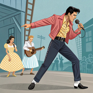 Elvis Presley, in a vibrant pose, leading a scene from 'King Creole'. Carolyn Jones and other actors in the background, film set ambiance