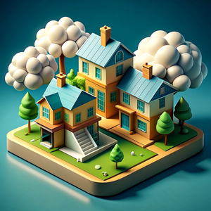 ISOMETRIC 3D VILLAGE WITH HOUSES AND TREES AND CLOUDES