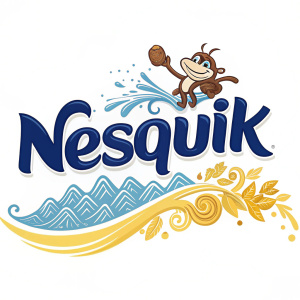 Nesquik logo design. Vibrant blue text forming waves on plain white background. Nestle brand, product line.