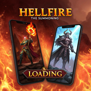 Digital artwork illustrating the revamped user interface for 'Hellfire: The Summoning', a mobile game. Depicts two cover art designs with intense, fiery backgrounds and text highlighting the game title and loading information.