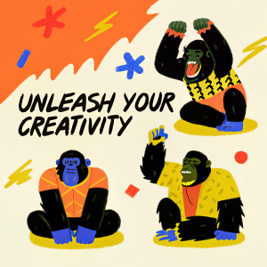 Website showcasing a vibrant collection of mutant gorilla art. Cartoon-style gorillas in various outfits and poses. Main tagline: 'Unleash Your Creativity.' Emphasizes self-expression through unique designs.
