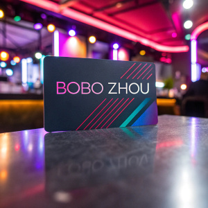 Professional business card for BOBO ZHOU. Neon colors, minimalist design. Nightclub setting background.