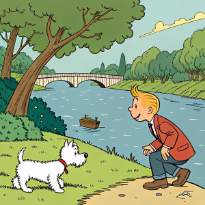 Cartoon of Tintin and his small white dog. Riverside setting, vibrant and detailed illustration, line art style, limited color palette.