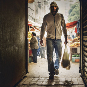 Seth Rollins walking out of a bustling urban street market. Carrying a shopping bag, wearing a casual hoodie and jeans.