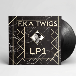 Album cover for FKA Twigs' 'LP1'. The design features a sleek black and white marbled pattern with angular text 'LP1' in bold letters, surrounded by geometric shapes.