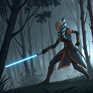 Ahsoka Tano in a dynamic pose, wielding a lightsaber. Dark forest background