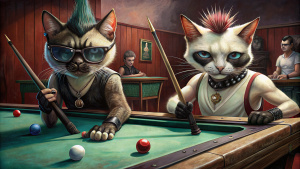 2 gatos siameses, jugando billar, con aspecto agresivo punk