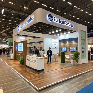 Eureka Forbes at the bustling trade show. Wooden floors and modern health-controlling unit showcased.