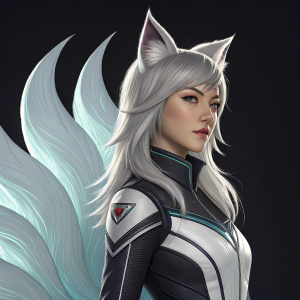 Digital portrait of enigmatic Ahri, the Nine Tailed Fox. Wearing a sleek, futuristic attire. Set against a stark, black backdrop, she emanates a mystic glow.