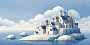 White illustration, Rene magritte style, isolated surrealistic collage of a lot of old Russian houses and trees on island, huge ocean and big sky, light pastel colors, asymmetrical composition, zoom out view, grainy texturing paper