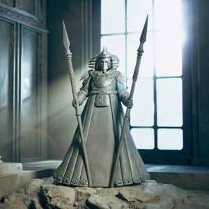 3D model of Ainz Ooal Gown from Overlord. Detailed gray statue, ornate headpiece, weapon-like objects, and rocky base, fantasy aesthetic.