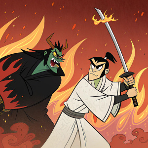Digital art featuring characters from 'Samurai Jack'. Anime-style illustration. Fiery background