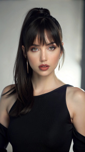 Ana de Armas bending over and biting her lips, black hair, big eyes, black cold shoulder top shirt, light pink lips, pale skin, big huge cleavage, massive chest, straight ponytail with thin bangs and hair tendrils, professional lighting