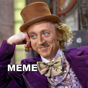 Famous movie character, brown top hat, purple velvet jacket, smirk, meme format