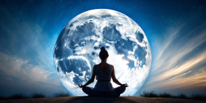 silueta de una mujer meditando con una gran luna, espacio zen que refleja calma, tranquilidad, paz, armonia, espiritualidad
