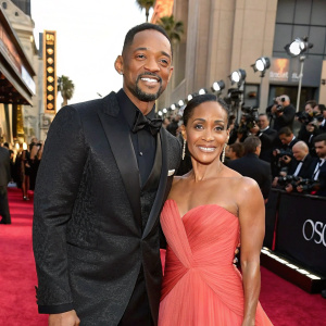 Will Smith and Jada Pinkett Smith, dressed in black-tie attire, on Hollywood red carpet event.