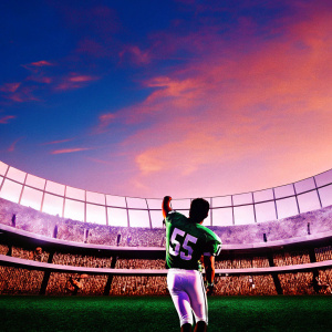 John Abraham, a football player, striking a dynamic pose. Wearing a green jersey with white number 55. Stadium packed with enthusiastic fans cheering