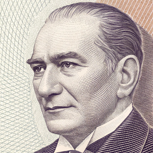 Turkish lira banknote with detailed portrait of Ataturk. His face is prominently featured, with focus on eyes and nose. The texture is intricate and mesh-like.