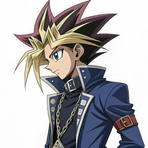 Digital artwork featuring Yugi from *Yugioh*, revamped emo aesthetic, vibrant mix of dark blue and silver, sleek modern hairstyle, clean vector design