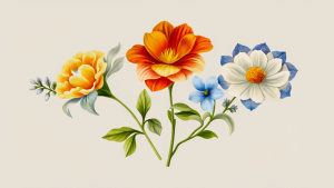 3 beautiful flowers in a row, vines