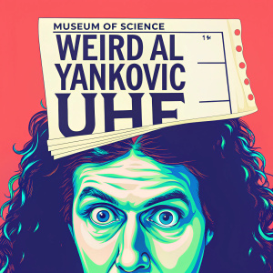DVD cover for the movie Weird Al Yankovic UHF, featuring a vibrant close-up of the main actor's face. A ticket for the Museum of Science is placed at the top of the image, with a plain white background underneath.