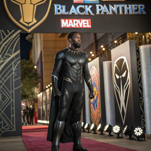 Promotional photo shoot for Marvel's Black Panther. Character from the movie standing in front of Marvel logos and branding elements.