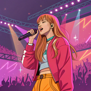 Lalisa, K-pop star, in vibrant digital art. Bold neon colors, animated style, large audience visible