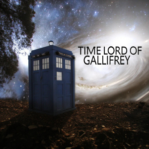 Digital artwork of the iconic blue police box known as TARDIS from Doctor Who series. Set against a cosmic backdrop filled with swirling galaxies. The text 'Time Lord of Gallifrey' appears in a sleek, modern font.