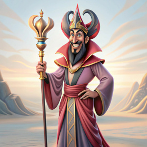Jafar is a cartoon character with a staff, full-length, smiling