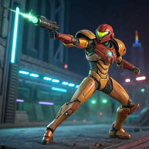 3D model of a character resembling Samus Aran. Dynamic action pose. Rendered in high detail.