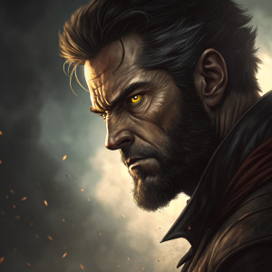 Close-up of Wolverine's face. Dark and gritty comic panel. Background is smoky, indistinct