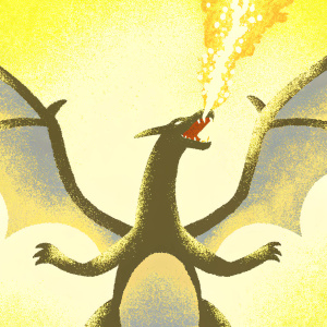 Digital art of Charizard, the fiery dragon. Muscular build, fierce and aggressive. Flames erupting from body and wings, creating a dramatic fiery effect. Illustration captures its dual fire and flying attributes.