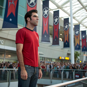 Zachary Quinto, actor from Star Trek, standing in front of a bustling convention center. He wears a red t-shirt, casual jeans, and has a serious look. The background shows a crowd of fans and Star Trek banners.