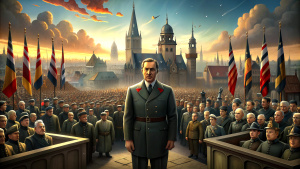 Create an animated, hyper-realistic scene set in the 1920s, showing German leaders resembling Adolf  but not him rising to power in their respective countries, with political rallies and iconic images associated with their leadership.