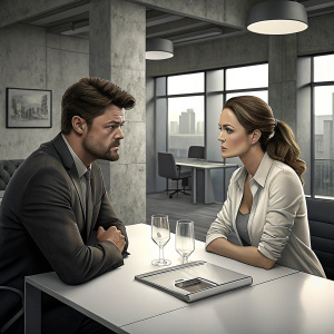 Karl Urban and Minka Kelly, in a tense discussion. They are in a modern office with exposed concrete walls. The table between them is sleek and minimalistic, featuring elegant glassware.