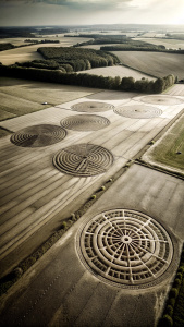 Genera una imagen hiperrealista de fotografías antiguas en blanco y negro que muestran los primeros círculos de las cosechas. Destaca los campos de cultivo con diseños simples y la sensación de antigüedad en las imágenes. La atmósfera debe evocar el asombro y la intriga que rodea a estos misteriosos fenómenos