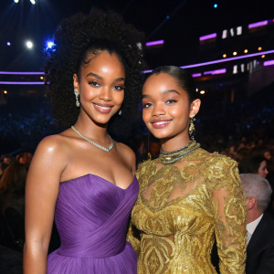 Rihanna and Yara Shahidi at a glitzy awards show. Rihanna in purple gown, Yara in gold-embroidered dress. Flashing lights, crowded room.