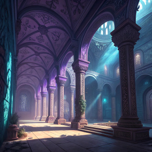 A digital art concept for a fantasy-themed game level. A vast chamber with towering, intricately carved stone columns and arches. Dominated by shades of purple and blue, accented with hints of green and brown. The lighting is dynamic, casting sharp shadows and bright highlights across the architecture. Rich details add depth and atmosphere.